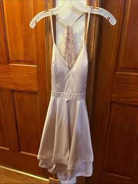 Sleeveless Lace-Back Satin Mini Dress - Blush Pink from David’s bridal